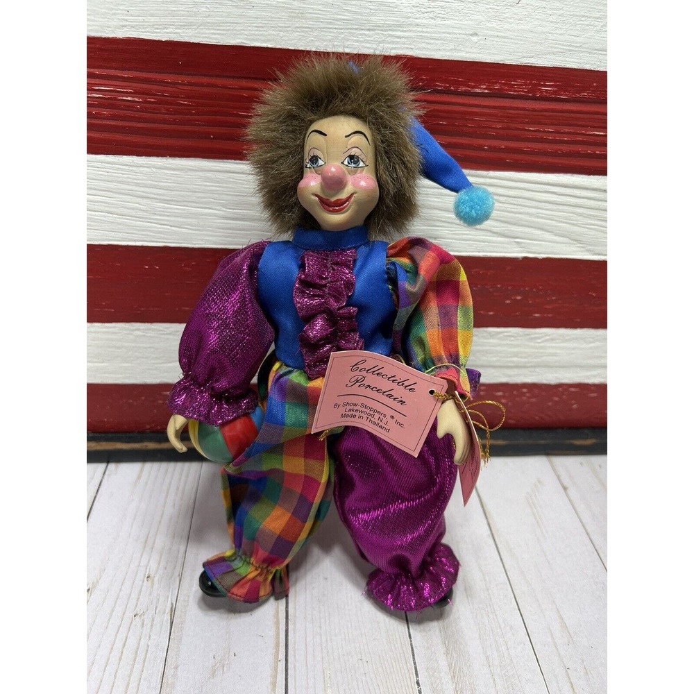 Show-Stoppers Collectible Porcelain BOUNCE Clown 12" Doll Mardi Gras Pennywise